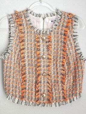 WALTER BAKER Dara Malibu Orange Tweed Fringe Top L